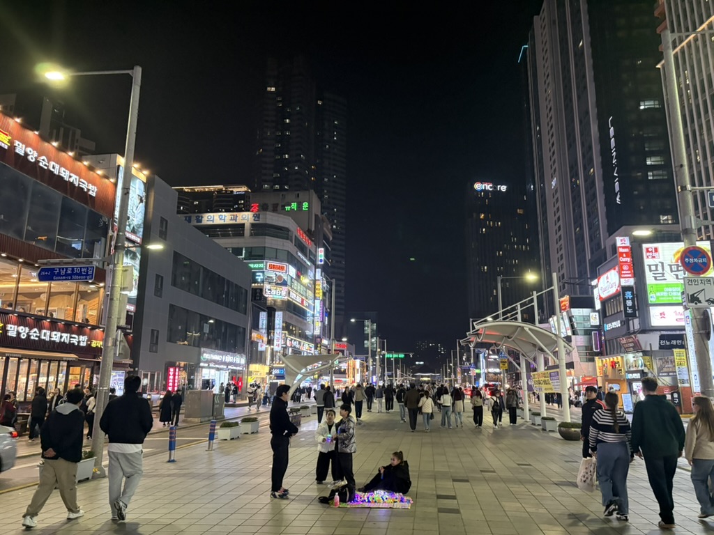 Haeundae city streets at night with neon signs and crowds