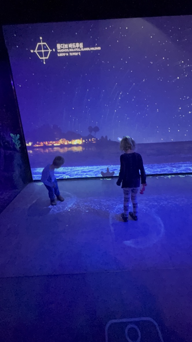 Two kids standing in the dark UV ocean projection room at SEA LIFE Busan