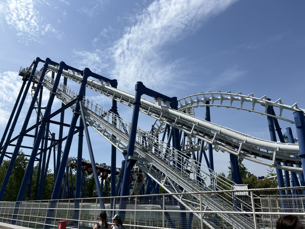 Mammut roller coaster at Gardaland — blue steel structure against a clear sky