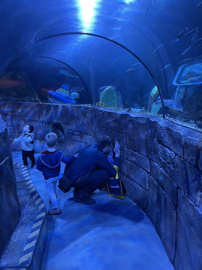 Kids and dad walking through an underwater tunnel at SEA LIFE Carlsbad aquarium with sharks and fish overhead