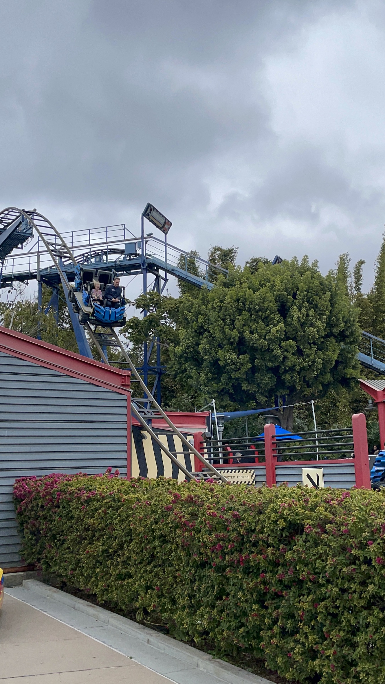 Dragon roller coaster at Legoland California with riders descending a drop against a cloudy sky