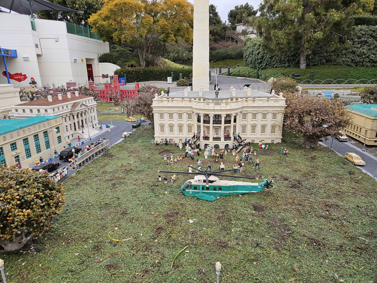 The White House recreated in LEGO bricks at Miniland USA, Legoland California, with the Washington Monument visible behind it