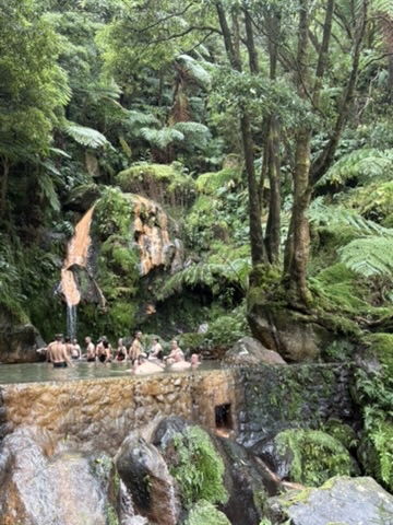 Caldeira Velha thermal waterfall pool surrounded by lush forest, with people swimming, Azores