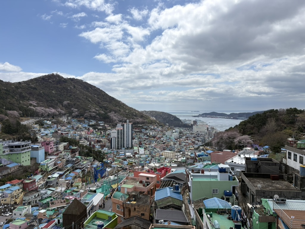 Gamcheon Culture Village panorama — colourful houses on a hillside with the sea beyond, Busan