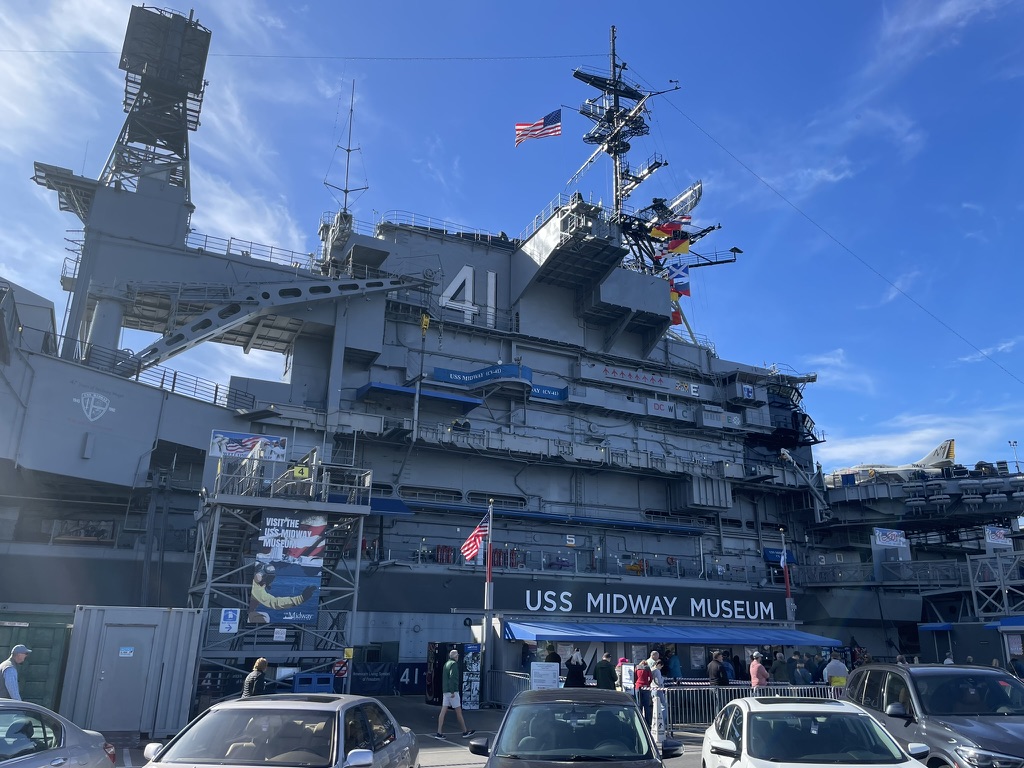 USS Midway Museum exterior entrance with the number 41 on the island superstructure, San Diego
